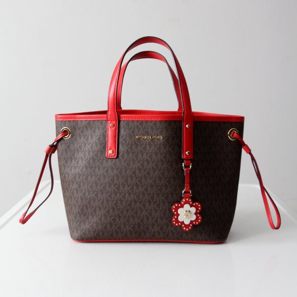 Michael Kors Carter Signature Tote Bag Brown w/ Red Trim & Floral Interior - Picture 1 of 11